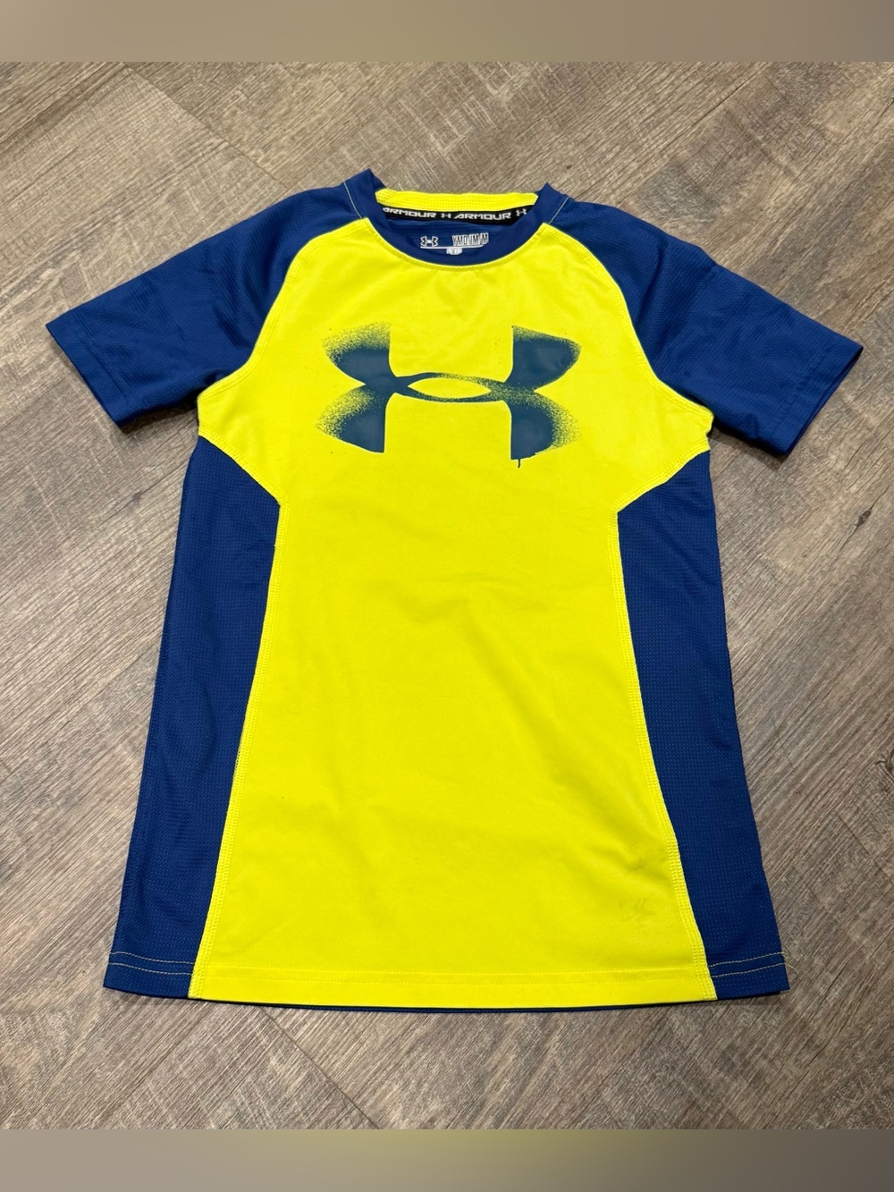 Under Armour heat gear blue and yellow spray pant look logo fitted YM